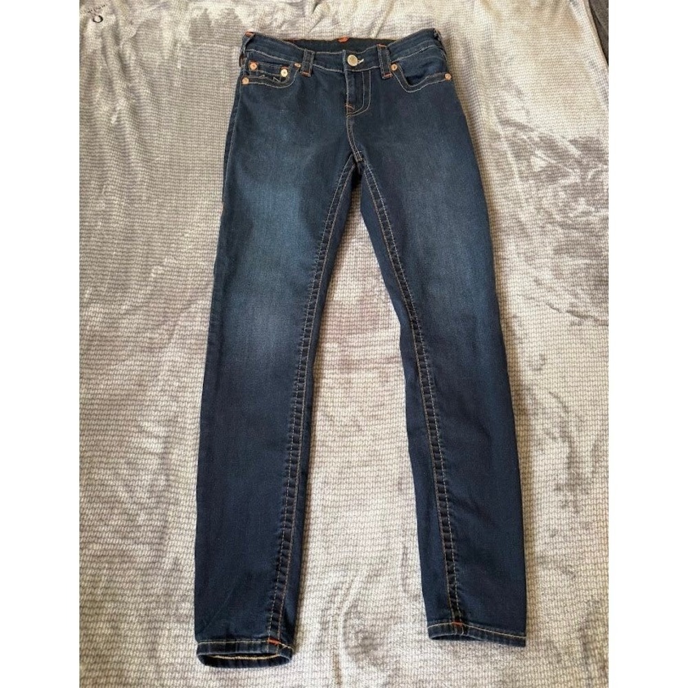 True Religion Skinny Jeans Dark Wash Contrast Stitch Horseshoe Logo Denim 29x28